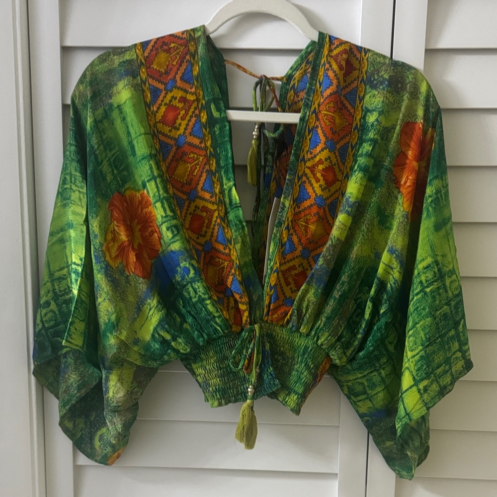 Green Floral Kimono Top with Tassel Tie by Boho Miami